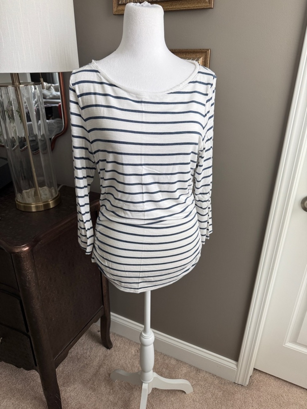White house, black market Striped Navy and White Boatneck Long Sleeve Top